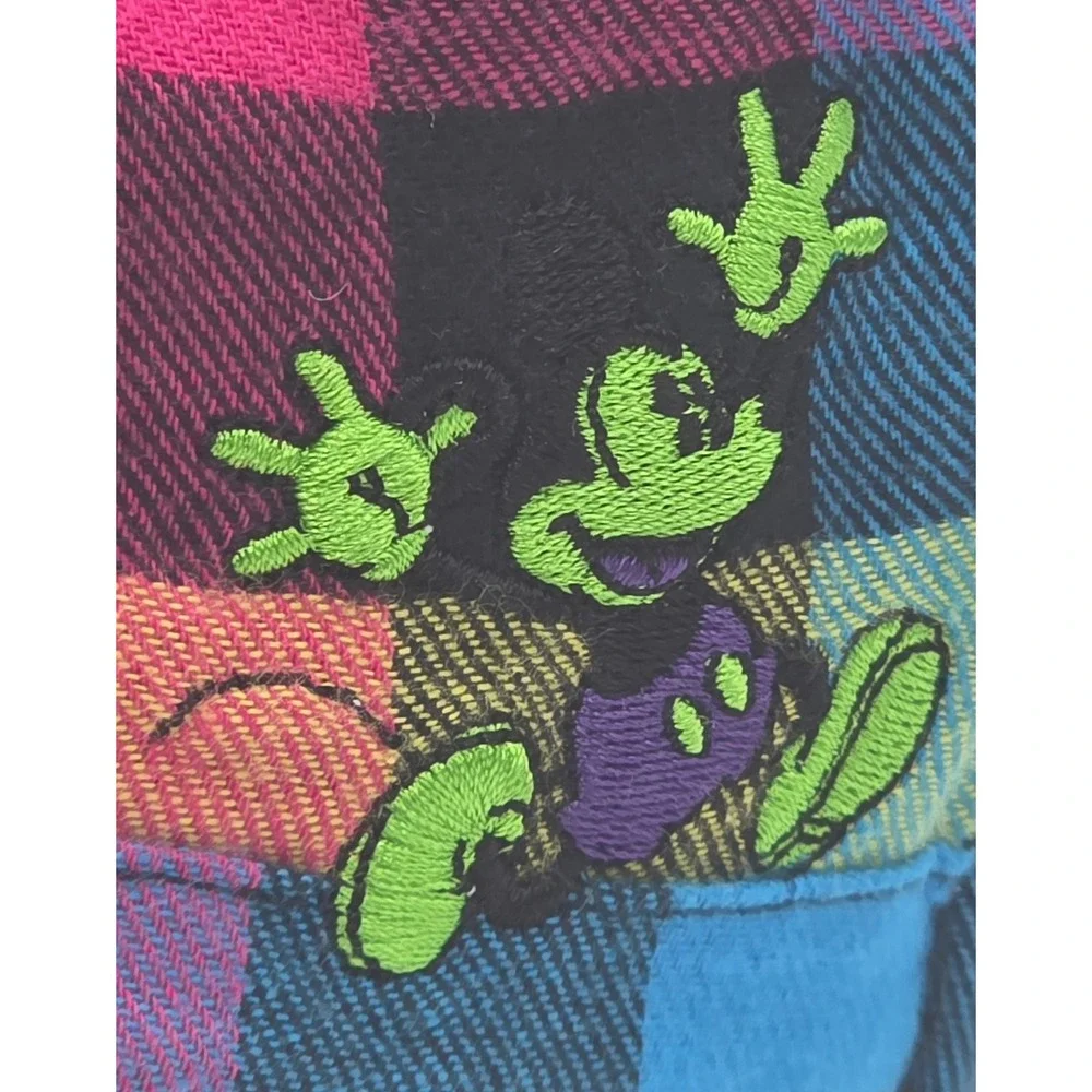 Disney Cadet Hat‎ Adult Size 7 Rainbow Patchwork Plaid Neon Mickey Mouse Bow Cap